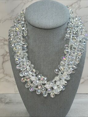 3 Strand Vintage Crystal Aurora Borealis Statement Necklace
